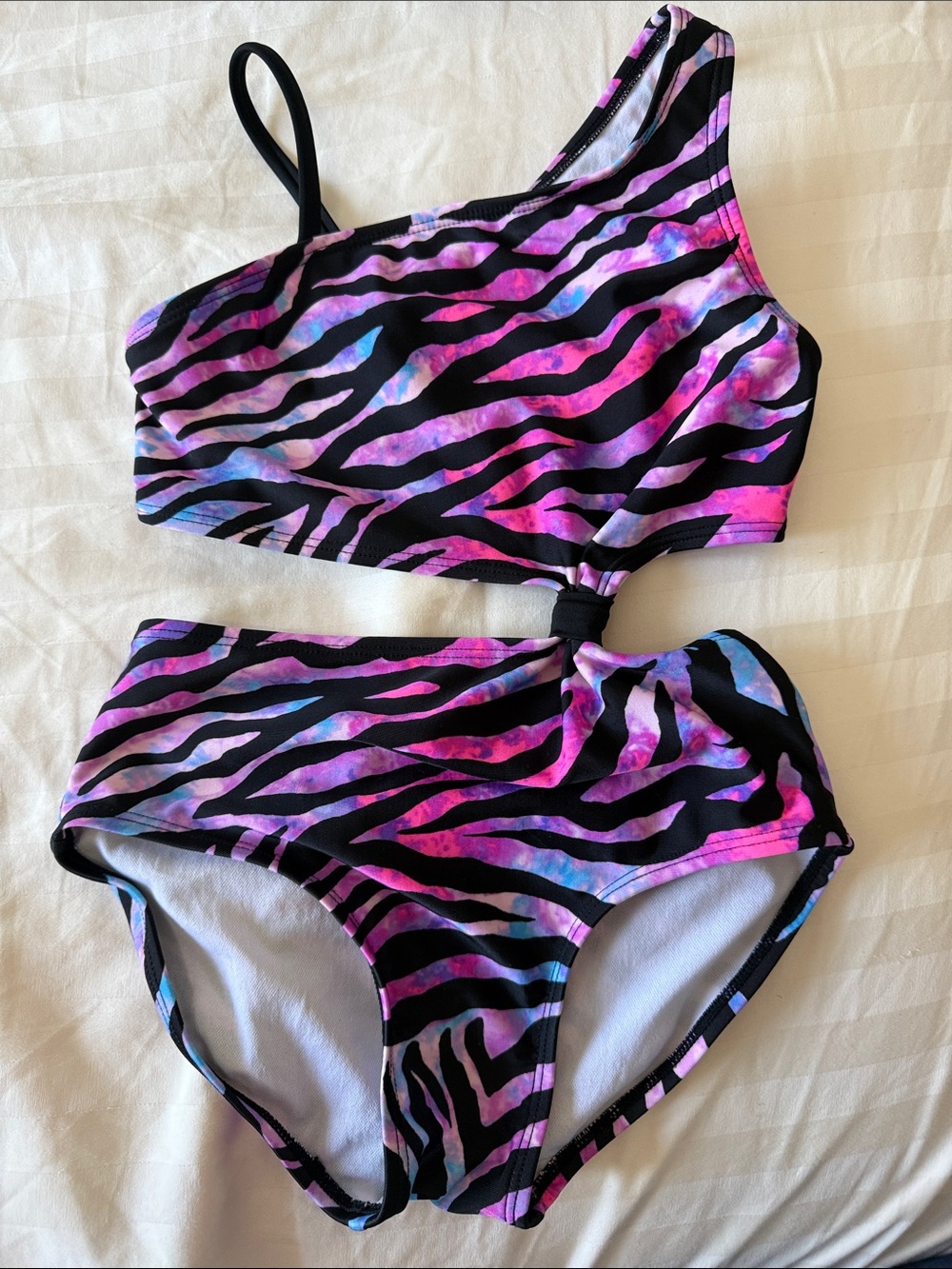 Girls One-Shoulder Cutout Zebra Print Bikini - Pink & Blue